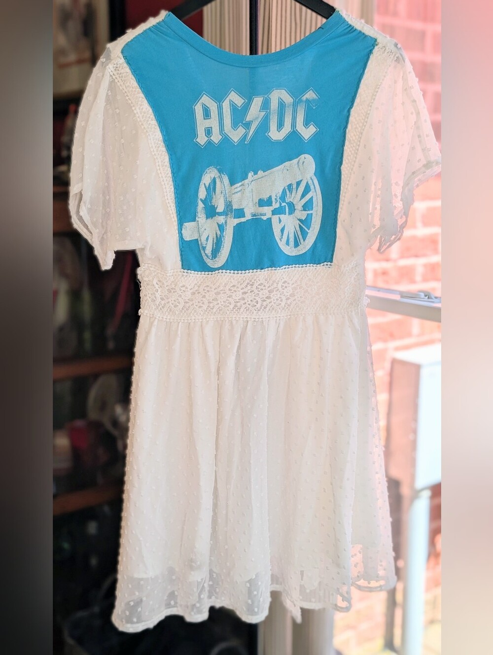 Upcycled AC/DC Lace Dress - Turquoise & White - OOAK